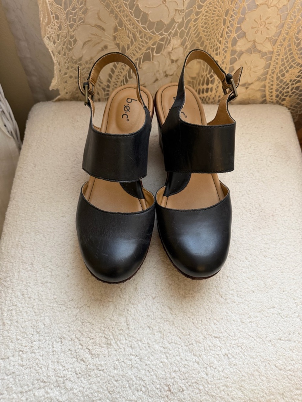 b.o.c. Black Leather Wedge Slingback Mary Jane - Picture 9 of 12